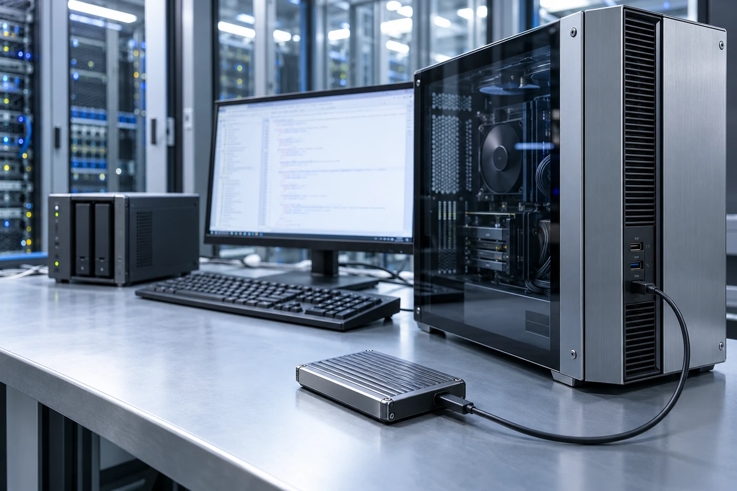 外付けストレージを接続したデスクトップPCとバックアップ機器のイメージ