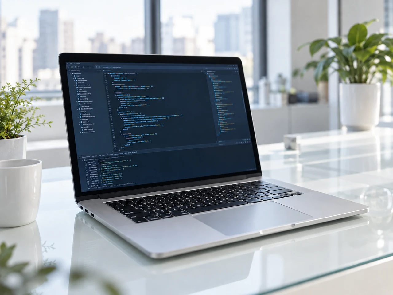 コードエディターを表示する銀色のノートPC