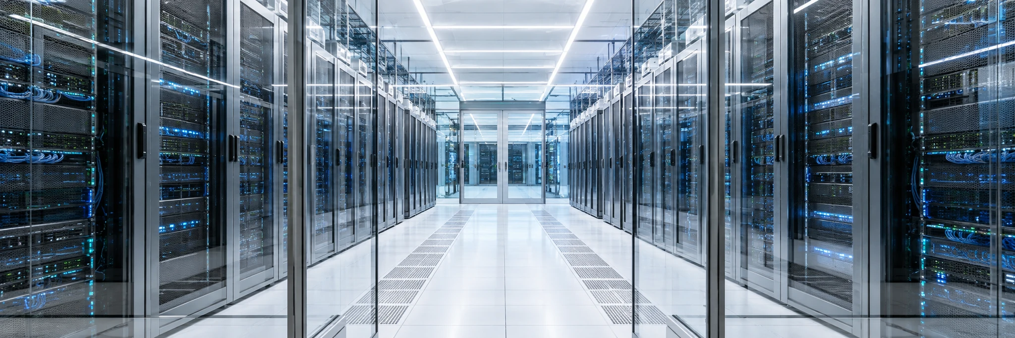 明るい通路と整然としたサーバーラックが並ぶデータセンターのイメージ
