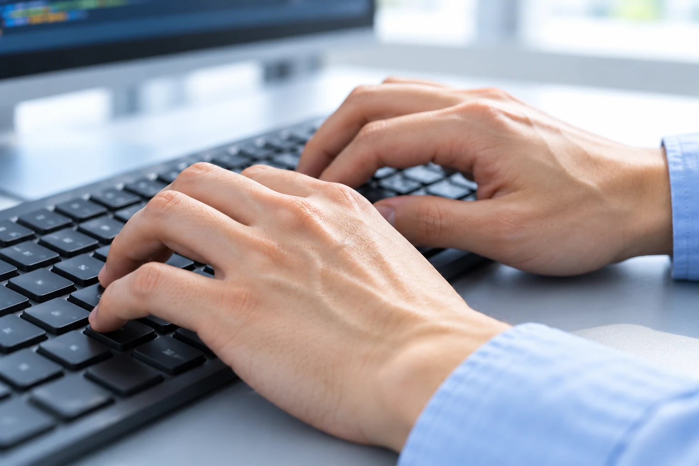 デスクトップ用キーボードでコードを入力する技術者の手元のイメージ