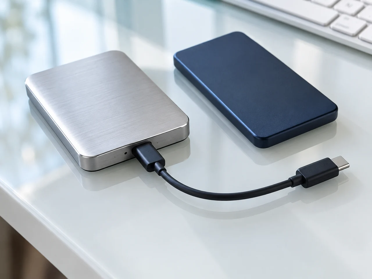 USB-Cケーブルを接続した銀色の外付けSSDと紺色のSSD