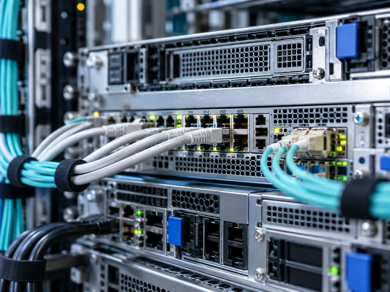 ケーブルとネットワークポートが整列するサーバー背面の接写